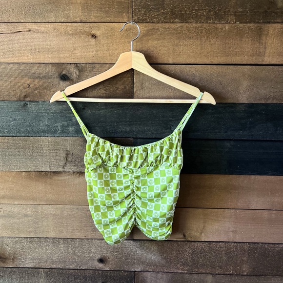 Urban Outfitters Green Retro Floral Checkerboard Ruched Crop Top – Size M - Picture 6 of 11